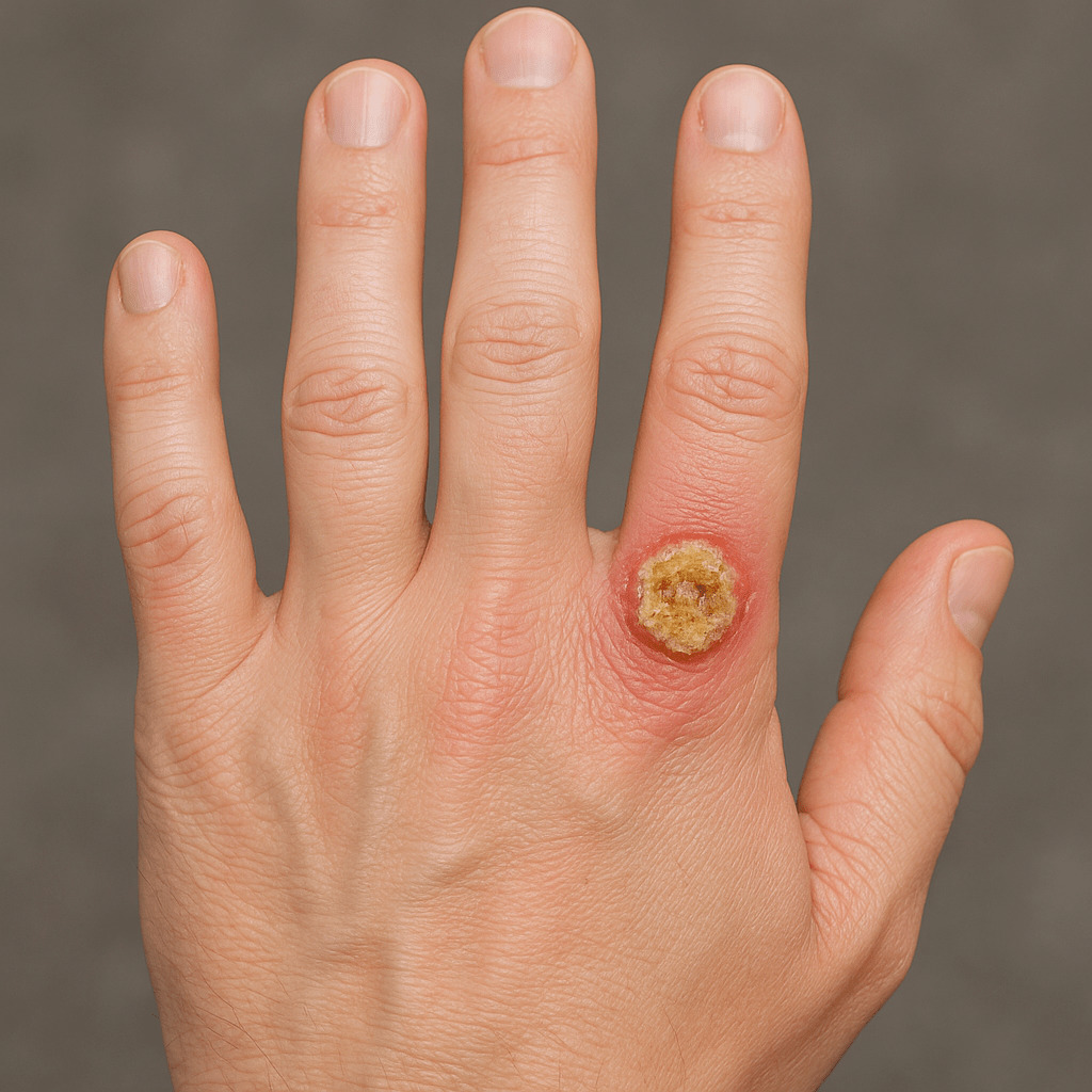 Orf hastalığı nedeniyle bir insan elinin sırtında oluşmuş, kızarık ve kabuklu deri lezyonu.