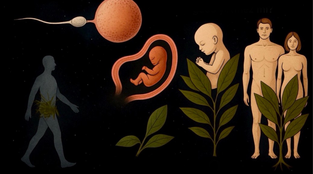 Kıyame Suresi 35-40. ayetlerin temsili dijital tasarımı: "O akıtılan bir menü değil miydi? Sonra o bir sülük oldu, akabinde onu yarattı ve biçimlendirdi."