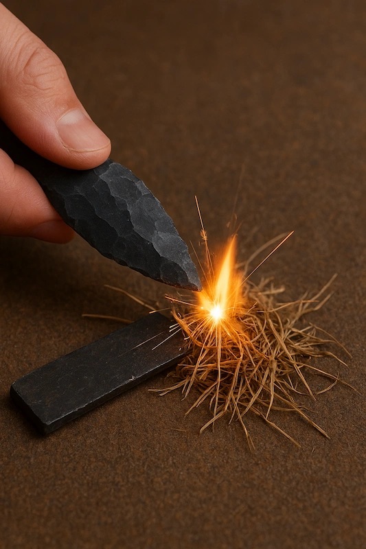 Çakmak taşını ateş yakmakta kullanılışını gösteren bir görsel