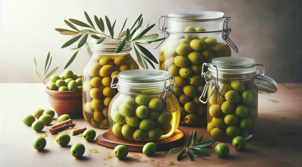 Cam bidonda çiziklenmiş taze yeşil zeytinler ve klorsuz suyla yapılan ev yapımı zeytin kurma yöntemi.