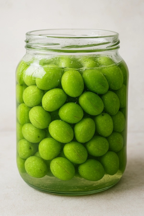 Çizilmiş ve acısı çıkarılmış, klorsuz su içindeki zeytinlerin görseli