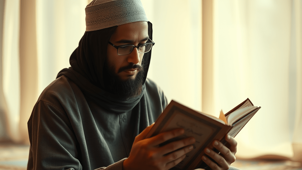 Kur’an okuyarak doğru yolu arayan bir Müslüman görseli.