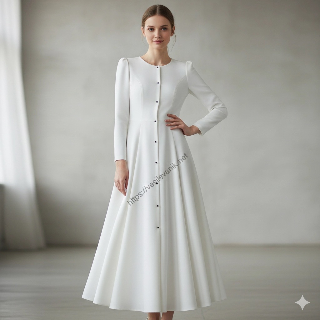 Zarif kesimli, beyaz renkte, tam boy bir elbise ile şık bir görünüm sergileyen manken.