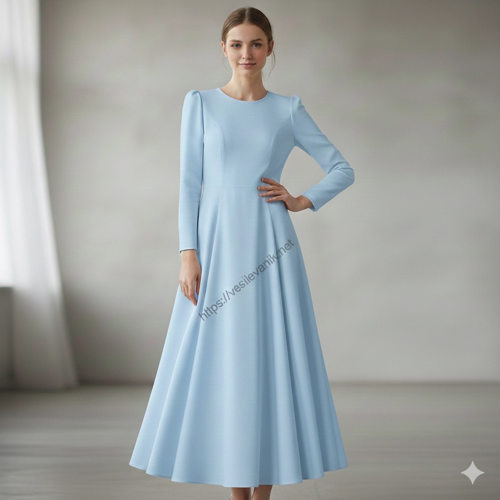 Uzun kollu, düğmesiz, açık mavi renkli maksi elbise giyen, açık renkli bir arka planda poz veren genç bir kadın manken.