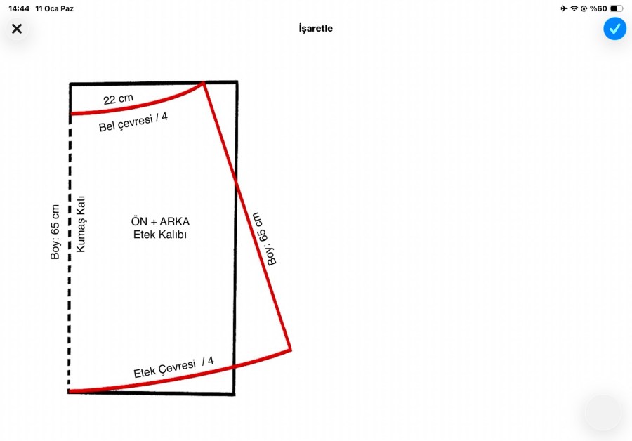 Elbise eteğinin ölçüleri ve çizim şeması görseli