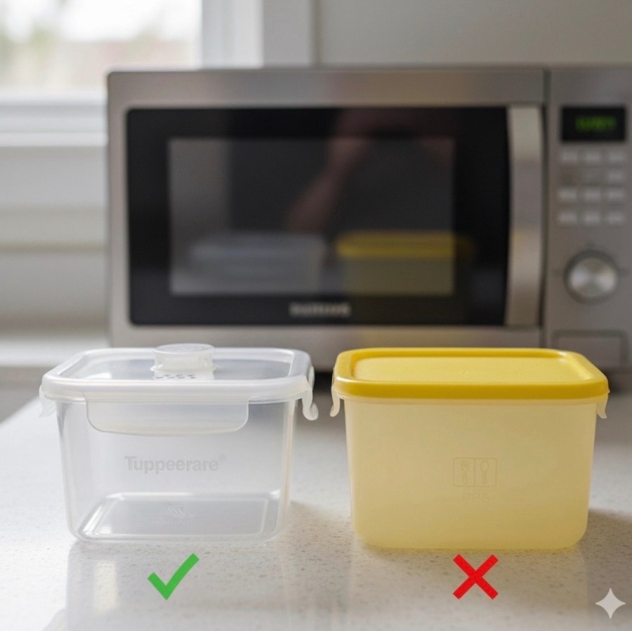 Beyaz arka planda mikrodalga sembollü ve buhar valfli şeffaf plastik kap infografiği