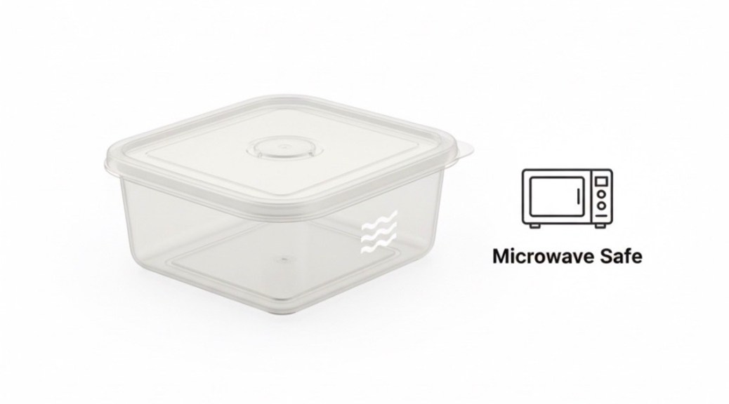 Beyaz arka planda mikrodalga sembollü ve buhar valfli şeffaf plastik kap infografiği