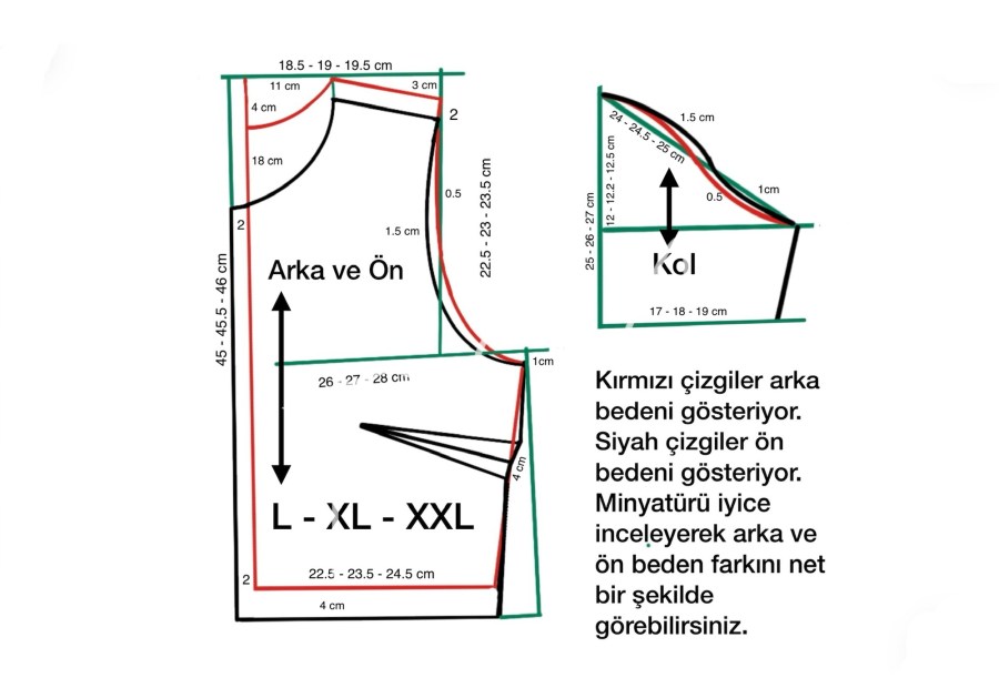 Görsel Alt Metni (SEO için): L-XL-XXL beden dikiş kalıbı, müslin elbise yapımı ve ön arka beden kesim teknikleri şeması.