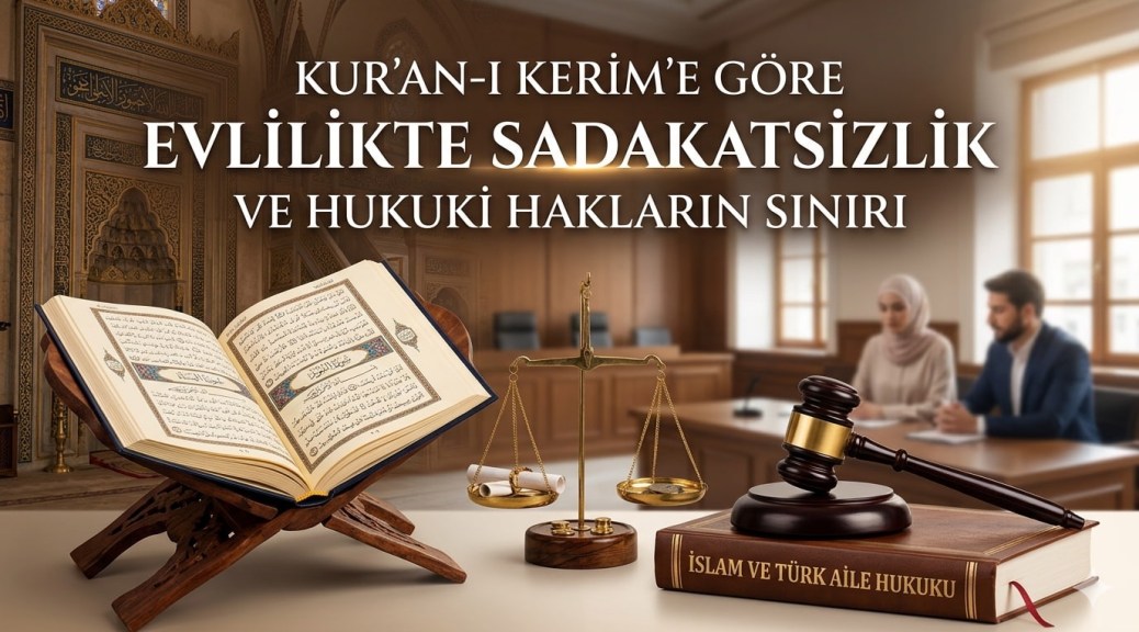 Rahle üzerinde açık Kur'an-ı Kerim, adalet terazisi, hakim tokmağı ve arka planda mahkeme salonunda oturan bir çiftin yer aldığı, üzerinde "Kur'an-ı Kerim'e Göre Evlilikte Sadakatsizlik ve Hukuki Hakların Sınırı" yazan akademik WordPress öne çıkan görseli.