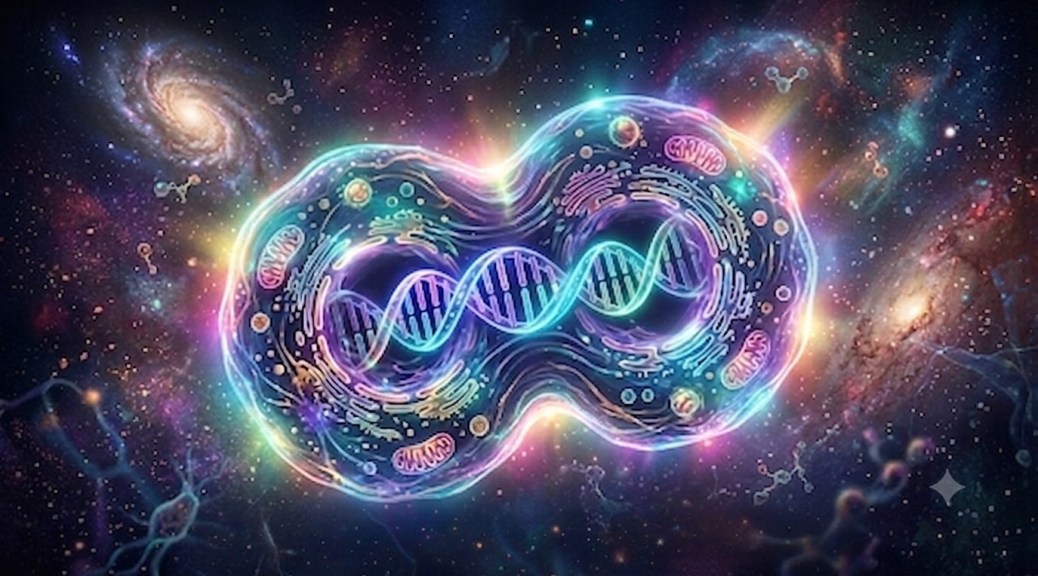 Kozmik uzay arka planında parlayan iki hücre yapısı içinde DNA sarmalları
