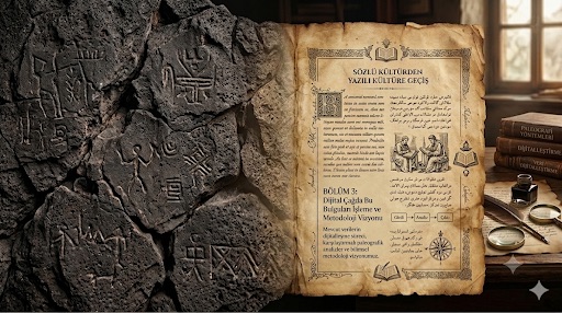 Sol tarafta antik insan figürleri ve sembollerin kazındığı koyu renkli volkanik kaya dokusu, sağ tarafta ise eski bir çalışma masasında duran 'Sözlü Kültürden Yazılı Kültüre Geçiş' başlıklı, 'Bölüm 3: Dijital Çağda Bu Bulguları İşleme ve Metodoloji Vizyonu' yazılı parşömenden oluşan dijital paleografi ve veri analizi temalı illüstrasyon.