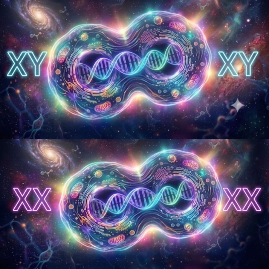 "Kozmik uzay arka planında parlayan iki hücre yapısı içinde DNA sarmalları, sol tarafta neon pembe XX ve sağ tarafta mavi XY kromozom sembolleri"