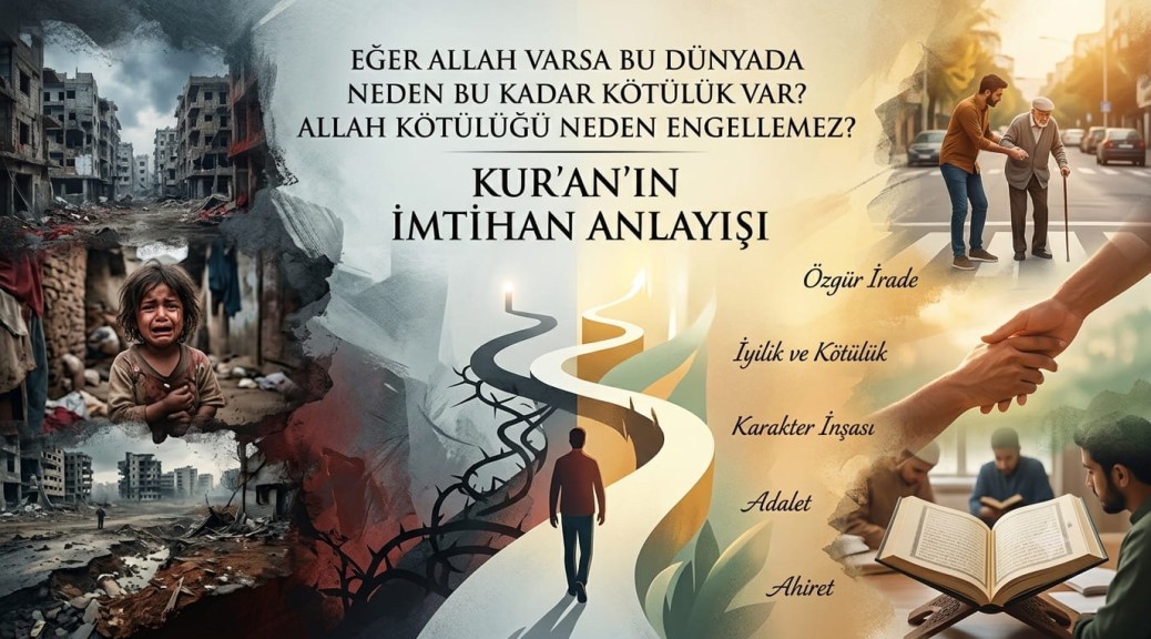 Kötülük problemi, özgür irade ve Kur'an'ın imtihan anlayışını konu alan; yıkım ile yardımseverliği ve iki farklı yaşam yolunu simgeleyen illüstrasyon görseli.