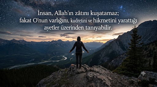 Yıldızlarla dolu gökyüzüne bakan bir insan silueti; Kur’an’ın insanı evren üzerinde düşünmeye davet edişini simgeleyen bir manzara