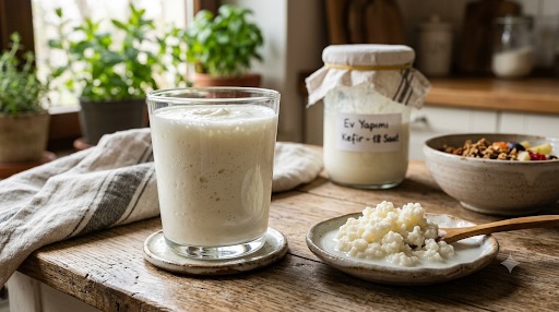 Ağzı tülbent ve paket lastiği ile kapatılmış cam kefir kavanozu