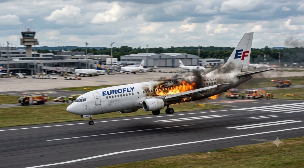 EuroFly havayollarına ait bir Boing uçağının, havada alev almasının ardından acil iniş anı ve olay yerine koşan itfaiye ekipleri.