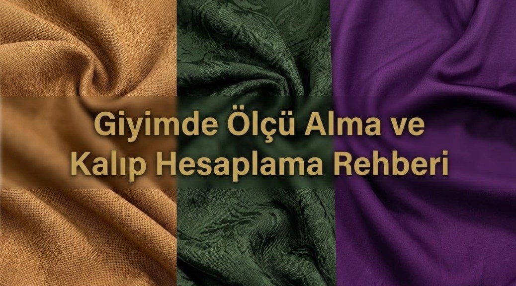 Üç dikey panelden oluşan, farklı dokulara sahip kumaşların yer aldığı bir dikiş rehberi başlık görseli. Sol panelde kahverengi keten, orta panelde koyu yeşil jakar ve sağ panelde mor ipek saten kumaş dökümleri yer alıyor. Görselin ortasında, büyük ve net bir yazı tipiyle, Türkçe olarak "Giyimde Ölçü Alma ve Kalıp Hesaplama Rehberi" yazısı bulunuyor.
