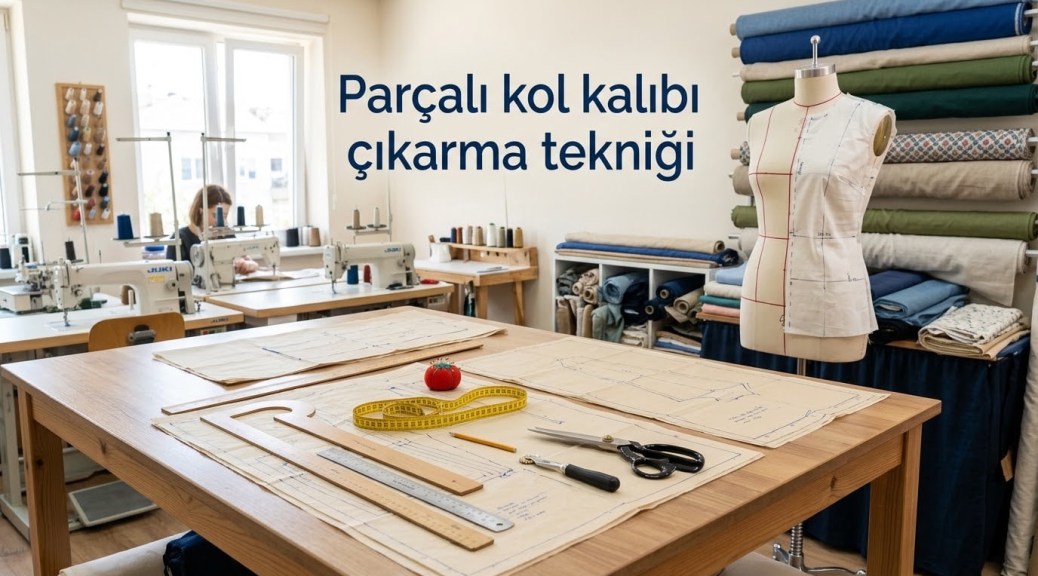Dikiş atölyesinde kalıp çıkarma masası ve dikiş makineleri. Parçalı kol tekniklerini öğrenmek için ideal bir ortam.