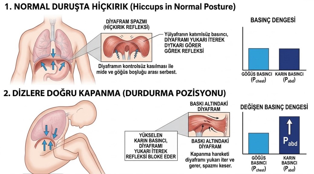 Hıçkırığı durdurma pozisyonu ve diyaframın aldığı basınç durumunun görselle ifadesi.