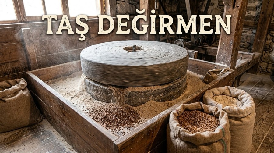 Tarihi bir taş değirmen içinde, dönmekte olan büyük dairesel değirmen taşının siyez buğdayını öğüterek un haline getirdiği anın fotoğrafı. Ön planda içi siyez buğdayı ve unla dolu jüt çuvallar, değirmen taşının etrafındaki ahşap teknede biriken taze un ve buğday taneleri görülüyor. Pencereden sızan doğal ışıkta havada uçuşan un tozları fark ediliyor. Görselin üst orta kısmında ise büyük, okunaklı ve rustik tarzda "TAŞ DEĞİRMEN" yazısı bulunuyor.