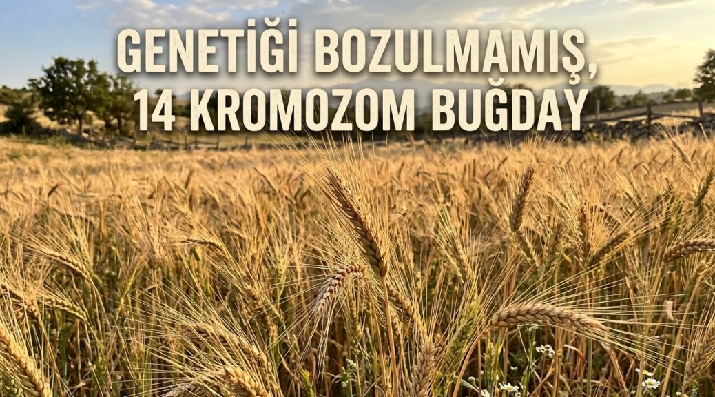 Hafif engebeli bir arazide, gün batımının sıcak ışıkları altında dalgalanan sık ve doğal bir siyez buğdayı tarlası. Ön planda, rüzgardan hafifçe eğilmiş, uzun kılçıklı ve olgunlaşmış siyez buğdayı başakları ile aralarda tek tük beyaz yabani papatyalar net bir şekilde görülüyor. Arka planda geleneksel taş ve ahşap çitler, yeşil ağaçlar ve ufukta puslu dağ sırası yer alıyor. Gökyüzünün alt kısımlarında, dağların hemen üzerinde iki satır halinde büyük, okunaklı, hafif gölgeli ve krem rengi fontla "GENETİĞİ BOZULMAMIŞ, 14 KROMOZOM BUĞDAY" yazısı bulunuyor.