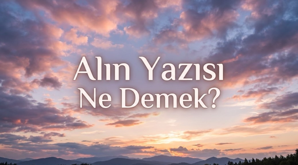 Hafif pembe, turuncu ve mor tonlardaki gün batımı bulutlarıyla kaplı geniş bir gökyüzü ve ufuktaki dağ silüetleri üzerinde, büyük, beyaz ve estetik bir yazı tipiyle "Alın Yazısı Ne Demek?" yazıyor.