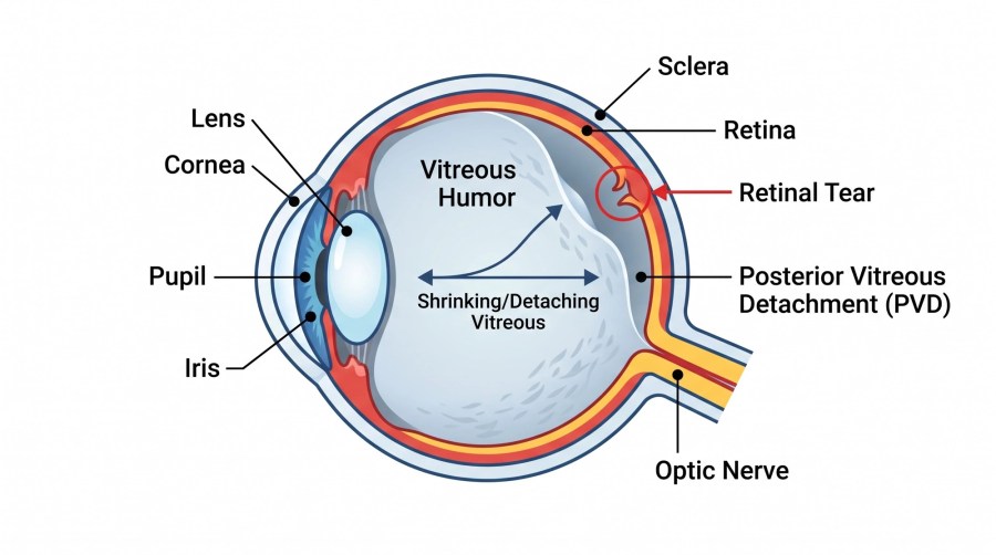 Büzüşen göz içi sıvısının retina tabakasında oluşturduğu çekinti ve retina yırtığının yandan kesit şeması