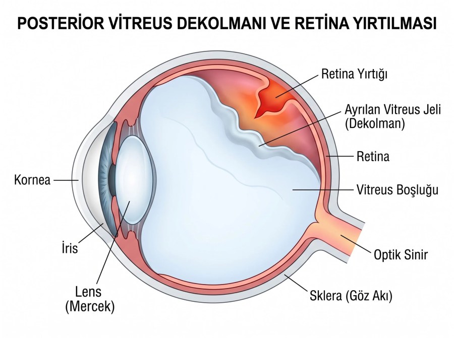 Gözün yapısını, vitreus jelinin retinadan ayrılmasını ve oluşan retina yırtığını gösteren Türkçe anatomi şeması