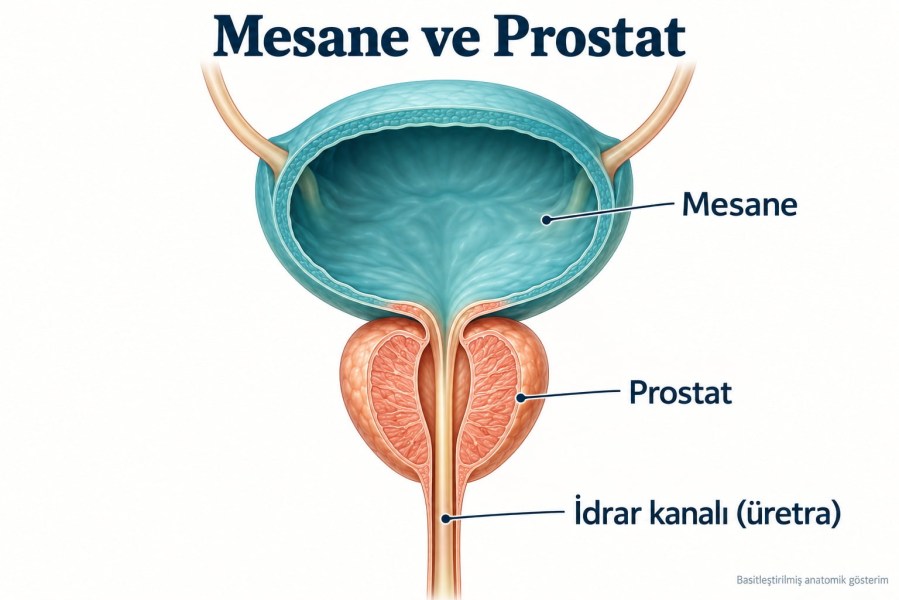 Mesane, altında bulunan prostat ve prostatın içinden geçen idrar kanalını gösteren basitleştirilmiş anatomik çizim.