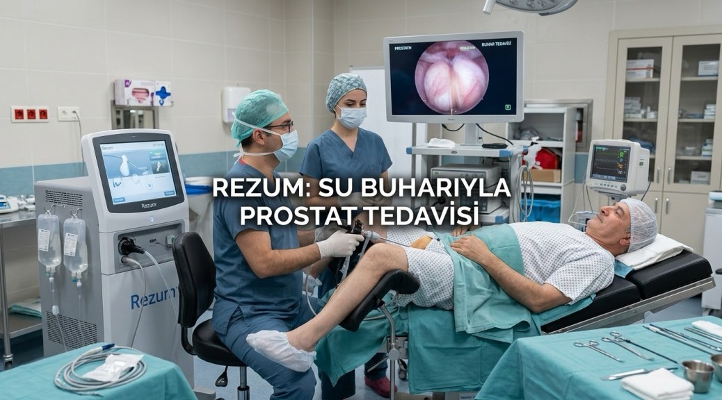 Ameliyathane ortamında, mavi cerrahi önlük ve maske takmış bir ürolog ve asistanı, litotomi pozisyonunda yatan erkek bir hastaya Rezum su buharı terapisi prosedürünü uyguluyor. Doktor, hastanın prostatına endoskopik bir cihaz yerleştirirken, asistan ona yardım ediyor. Sol tarafta, üzerinde dokunmatik ekran bulunan ve serum torbaları asılı olan beyaz Rezum sistemi konsolu duruyor. Arka plandaki büyük monitörde, işlemin içten görünümü ve cihazın çalışma prensibini gösteren tıbbi bir grafik "PROSTAT" ve "BUHAR TEDAVİSİ" yazılarıyla birlikte sergileniyor. Sağda bir hayati bulgu monitörü ve cerrahi aletlerin bulunduğu masalar görülüyor. Görüntünün ortasında büyük, beyaz harflerle "REZUM: SU BUHARIYLA PROSTAT TEDAVİSİ" başlığı yer alıyor.