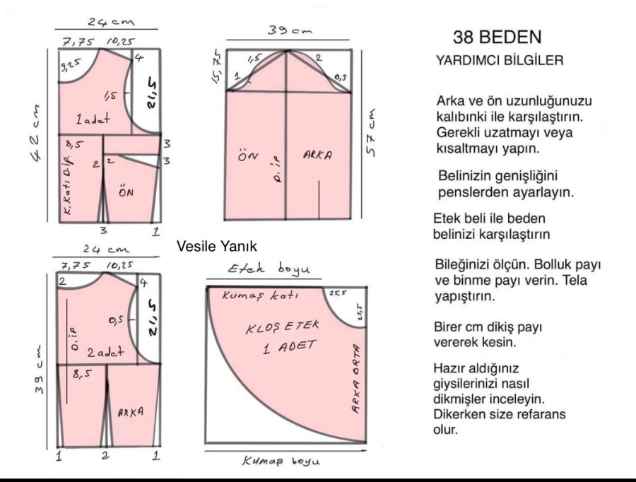 38 Beden kloş etek, omuz büzgülü, kol ağzı lastikli elbise ölçüleri ve kalıp çizimi görseli